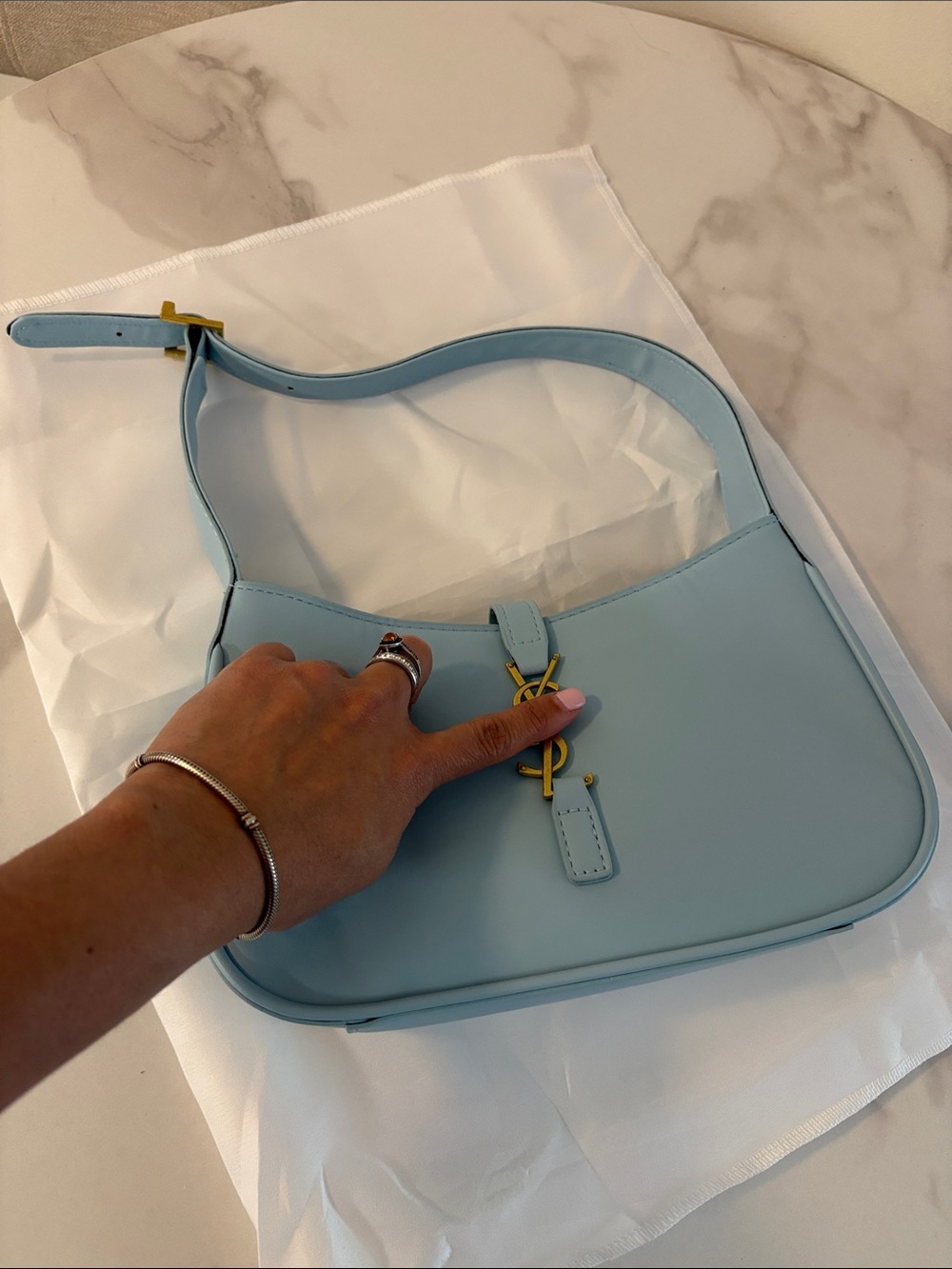 Light Blue Shoulder Bag with Gold Hardware